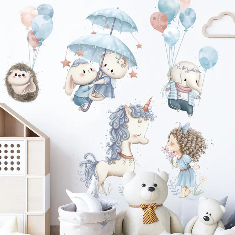 Tipi Tipi Tap Unicorn & Princess Wall Decal comprising cartoon characters including a unicorn, princess, bear, and hedgehog on a white wall.