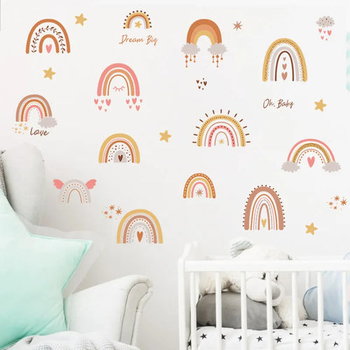 Wall with colorful rainbow decals in a child's room