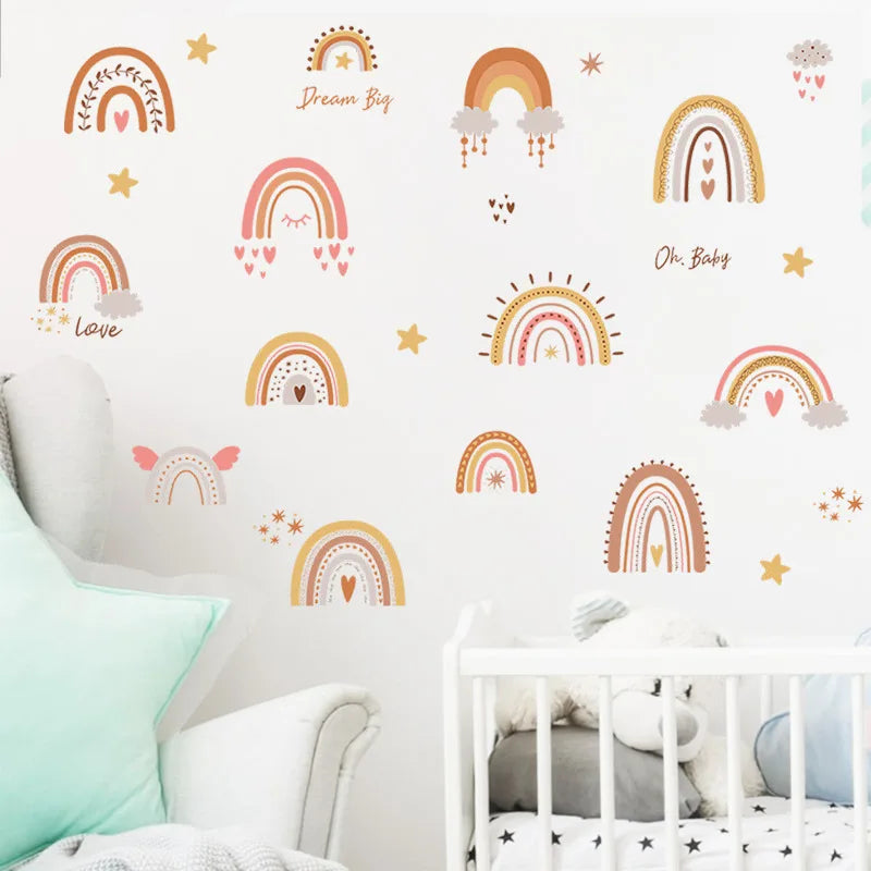 Wall with colorful rainbow decals in a child's room