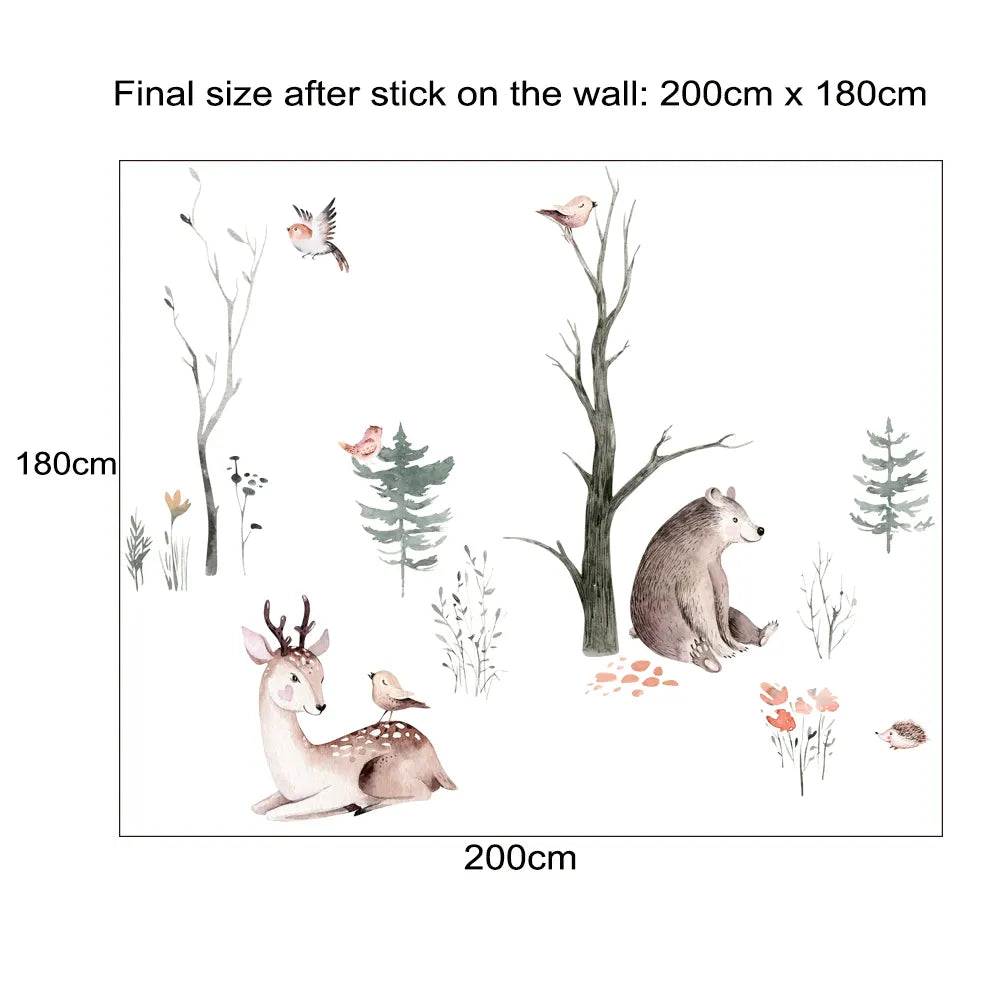 Wall decal set with trees, deer, and bear on a white background