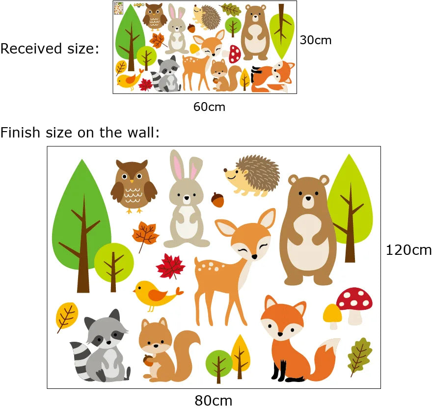 Woodland animal and tree wall stickers with dimensions on a white background