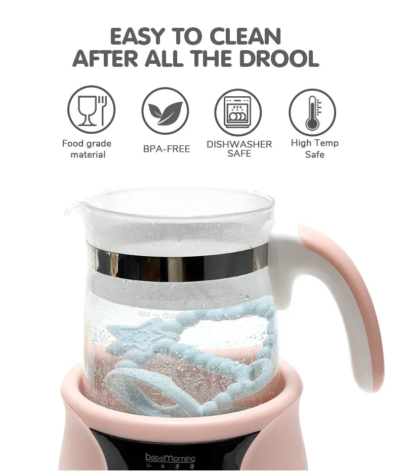 Electric sterilizer with Tipi Tipi Tap Wrist Teether in it, featuring text and icons about features and cleaning information of teether.