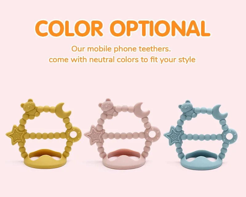 Three Tipi Tipi Tap Wrist teether toys in golden , pink, and blue colors on a light pink background with text about color options.