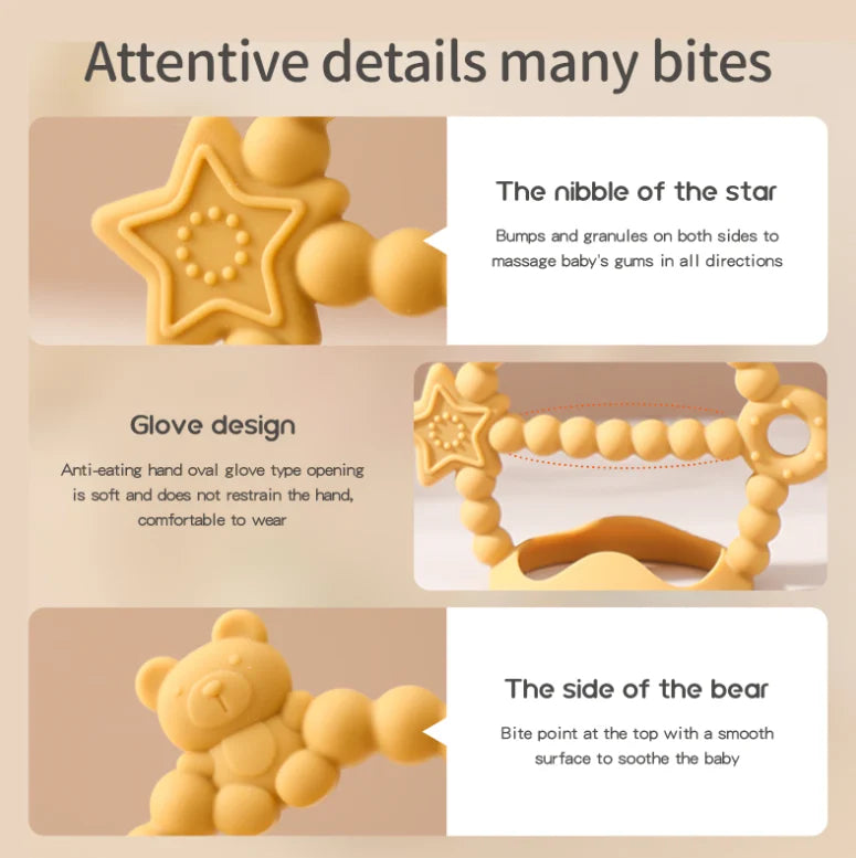Tipi Tipi Tap Silicone Baby Wrist teether toy with star, bear, and glove design on a beige background