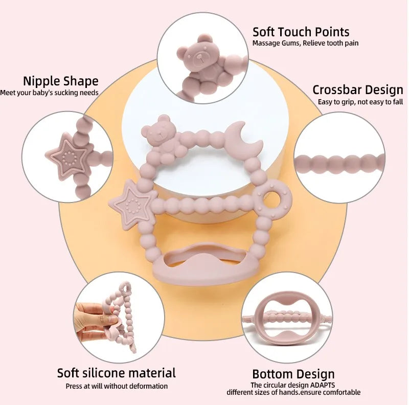 Tipi Tipi Tap Wrist Teether toy with features highlighted on a pink background
