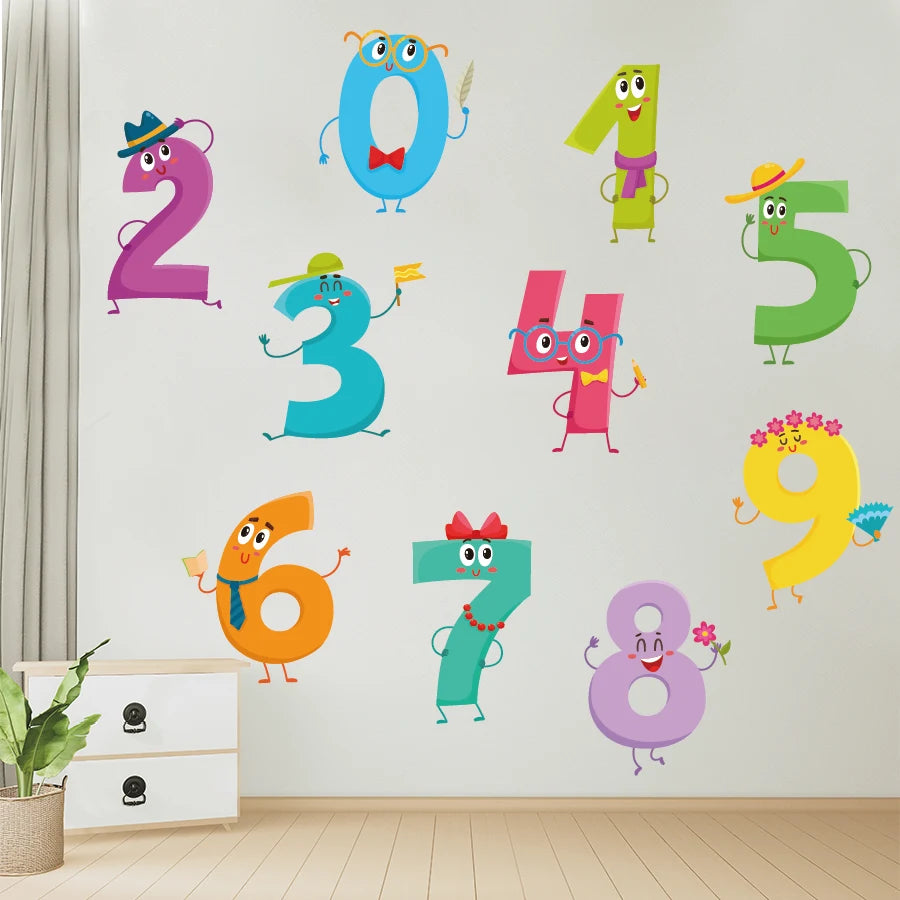 Pumkins Colorful cartoon-style numbers on a wall with a white dresser and plant in the foreground.