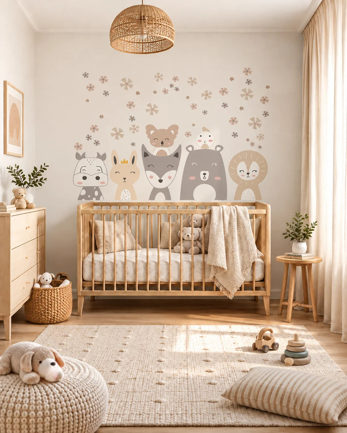 A styled nursery room featuring a wooden crib with a beige blanket, a woven rug, and a wall decorated with cute cartoon animal decals including a bear, fox, wolf, lion, and deer with small flowers above them.