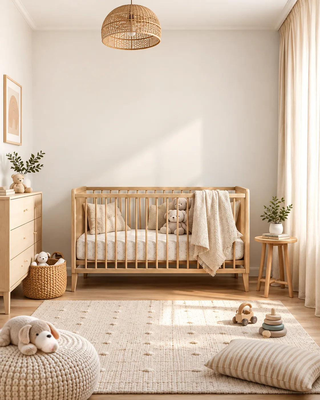 A styled nursery interior featuring a light natural wood crib with a cream bedding set, a woven wicker pendant light, a beige rug, and soft neutral decor.