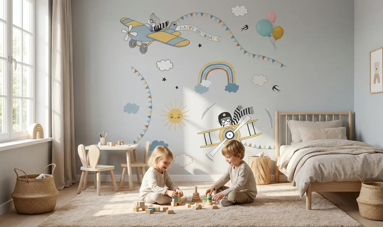 Children playing in a bedroom with colorful wall decals of airplanes, balloons, and a rainbow.