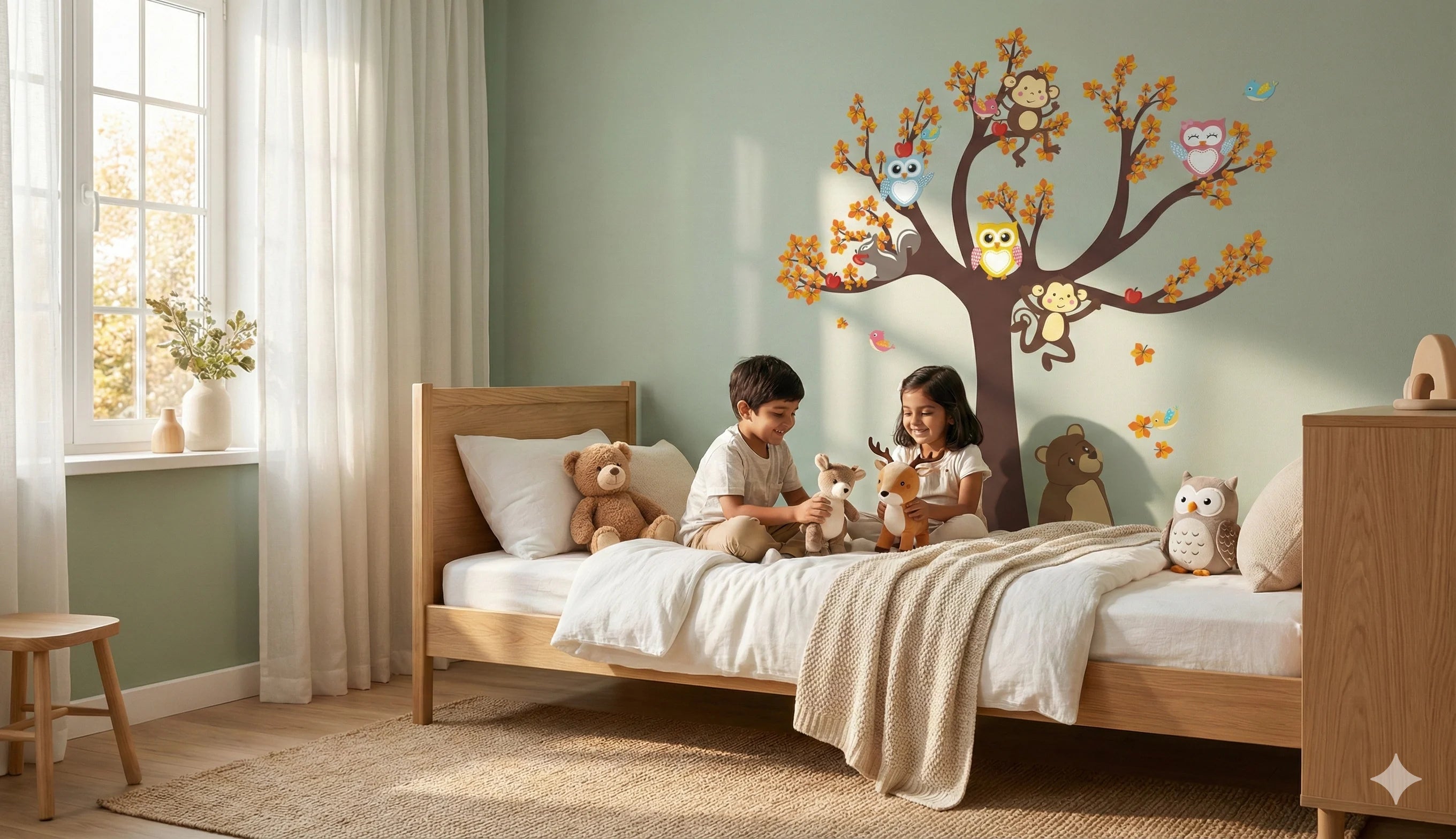 Children playing with teddy bears on a bed in a room with a tree wall decal and owl decorations.
