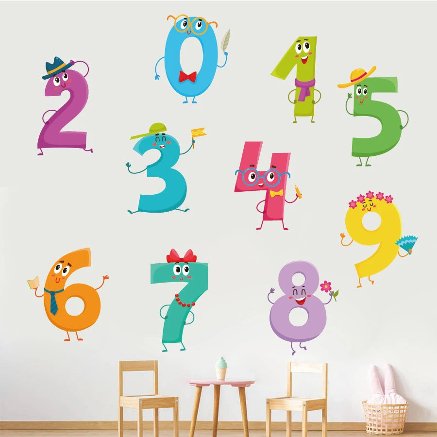 Pumkins Colorful cartoon-style numbers on a wall with a room setup below.