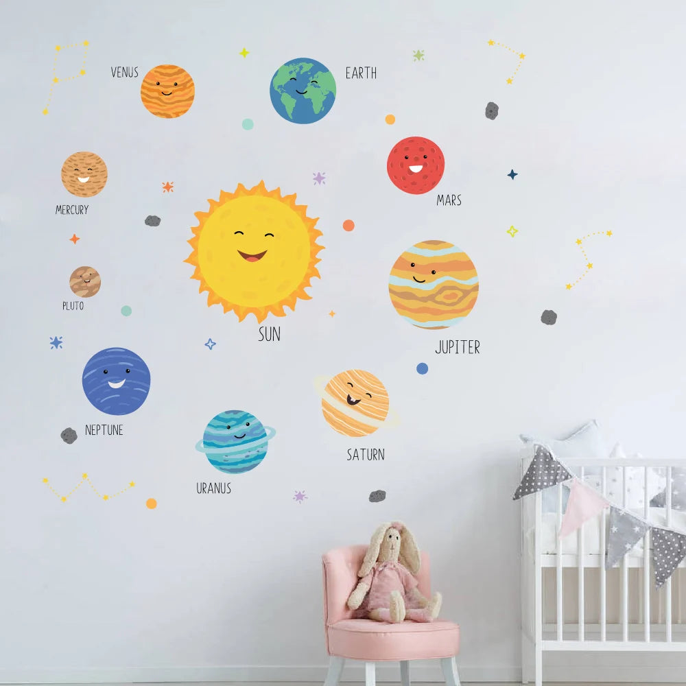 Children's room with Pumkins solar system wall decals on a white wall.