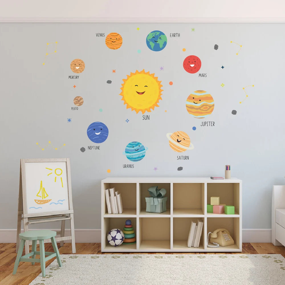 Children's room with Pumkins solar system wall decals on a light blue wall.