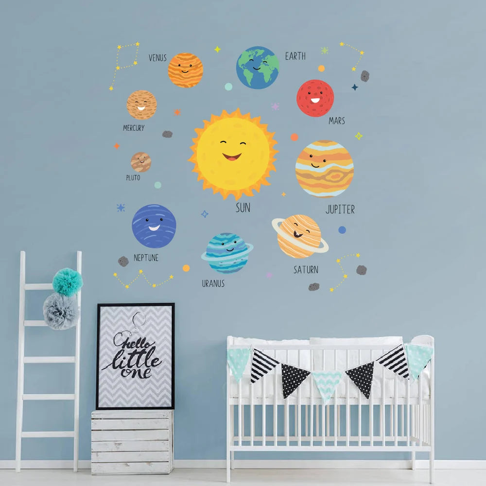 Children's room with Pumkins solar system wall decals on a light blue wall.